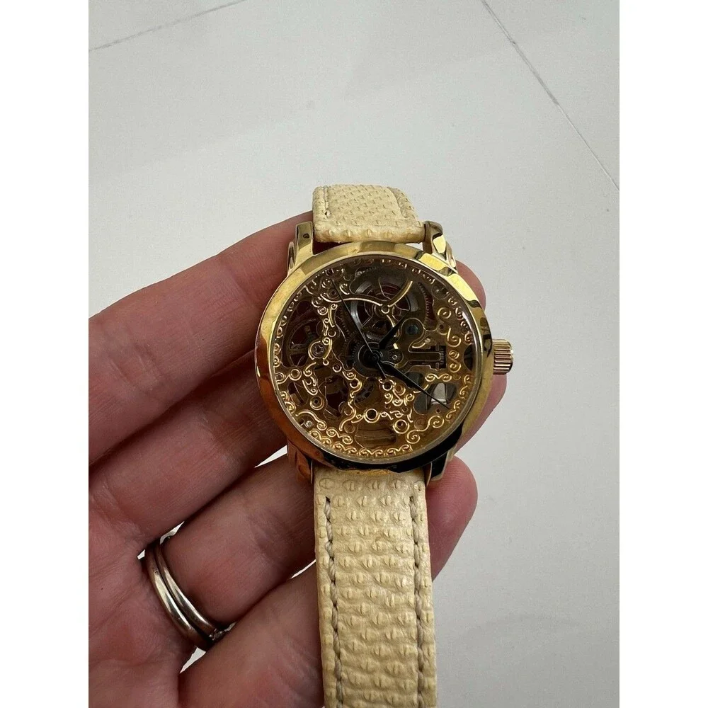 $450 Akribos XXIV AK431YG-A Automatic Skeleton Watch Krysterna Crystal Leather
